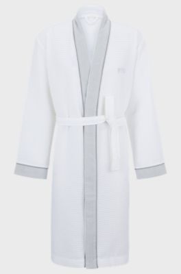 Honeycomb-cotton dressing gown with terry contrasts, White