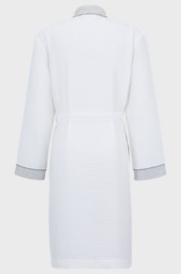 Honeycomb-cotton dressing gown with terry contrasts, White