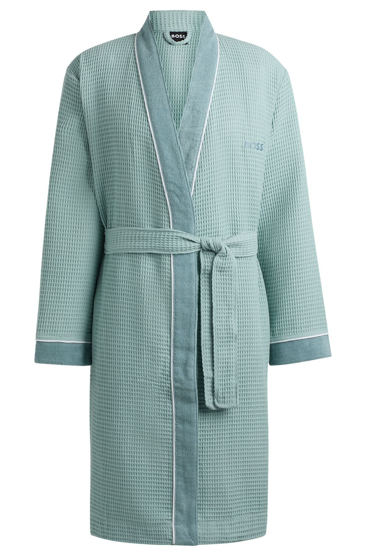 Honeycomb-cotton dressing gown with terry contrasts, Light Green