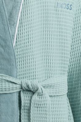 Honeycomb-cotton dressing gown with terry contrasts, Light Green