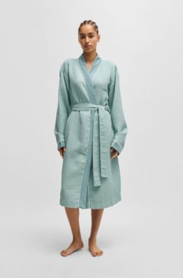 Honeycomb-cotton dressing gown with terry contrasts, Light Green
