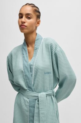 Honeycomb-cotton dressing gown with terry contrasts, Light Green