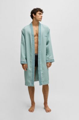 Honeycomb-cotton dressing gown with terry contrasts, Light Green