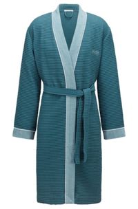 Honeycomb-cotton dressing gown with terry contrasts, Dark Blue