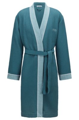 Morgonrock i vaxkakem&ouml;nstrad bomull med kontrasterande detaljer i frott&eacute;, M&ouml;rkbl&aring;