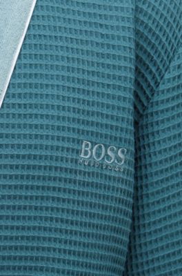 Honeycomb-cotton dressing gown with terry contrasts, Dark Blue