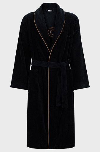 Cotton dressing gown with piping and embroidered branding, Black
