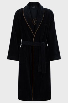Cotton dressing gown with piping and embroidered branding, Black