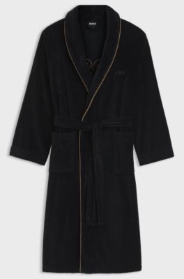 Cotton dressing gown with piping and embroidered branding, Black