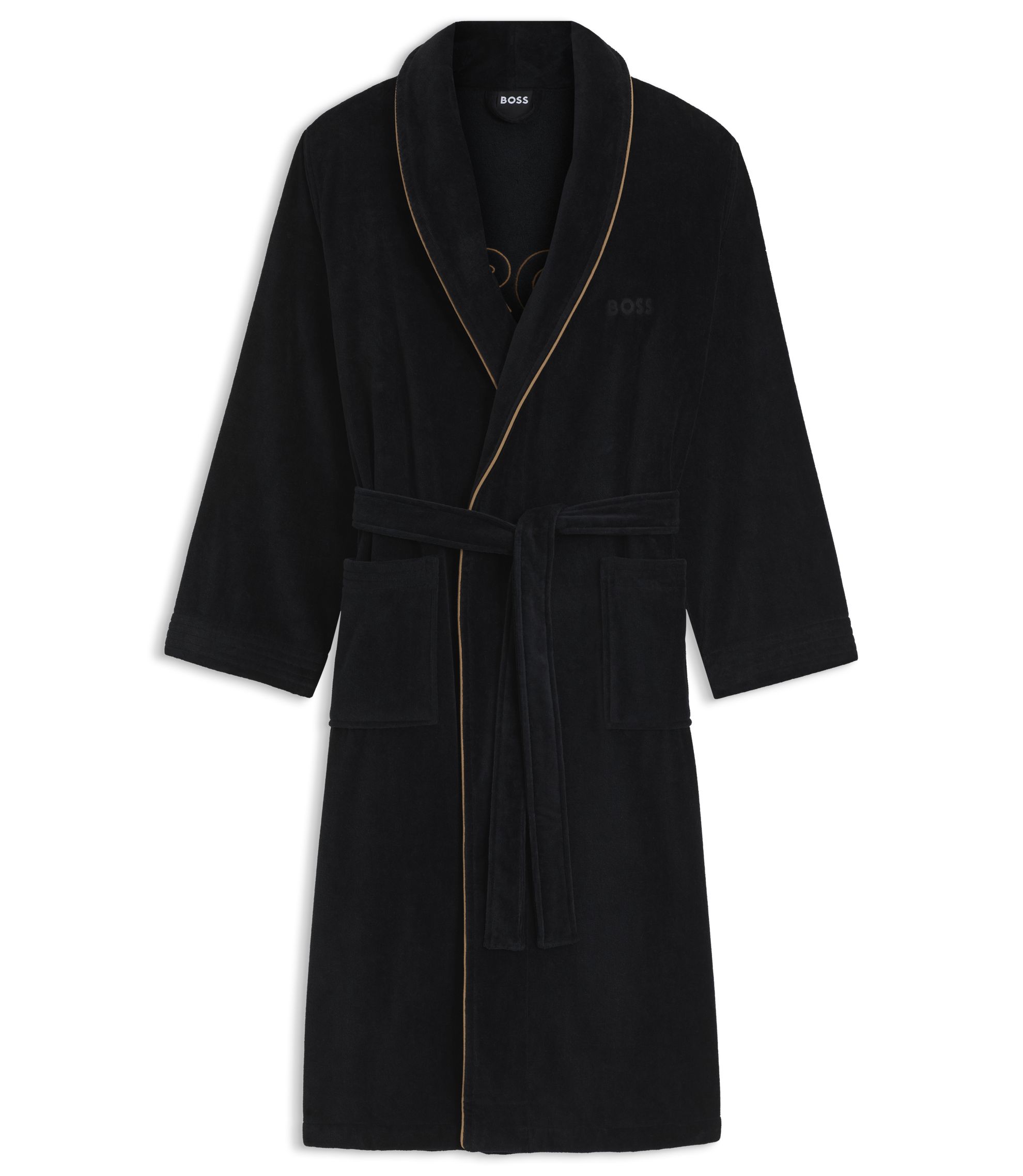 BOSS - Cotton dressing gown with piping and embroidered branding - Black