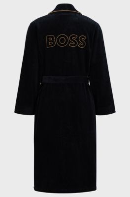 Cotton dressing gown with piping and embroidered branding, Black