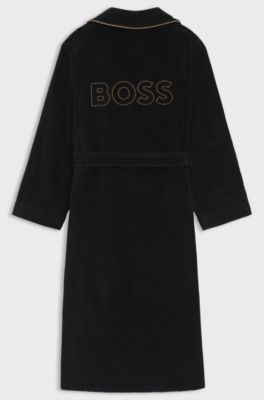 Cotton dressing gown with piping and embroidered branding, Black