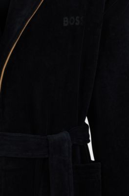 Cotton dressing gown with piping and embroidered branding, Black