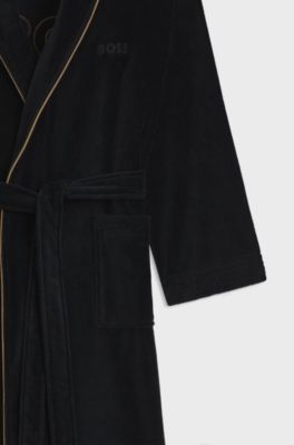 Cotton dressing gown with piping and embroidered branding, Black