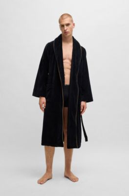Cotton dressing gown with piping and embroidered branding, Black