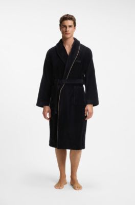 Cotton dressing gown with piping and embroidered branding, Black
