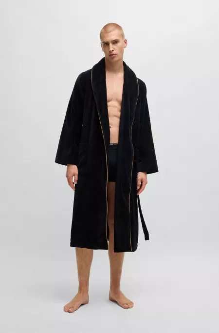 Cotton dressing gown with piping and embroidered branding