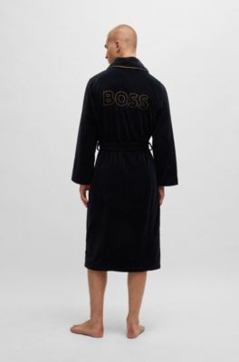 Cotton dressing gown with piping and embroidered branding, Black