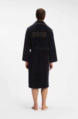 Cotton dressing gown with piping and embroidered branding, Black