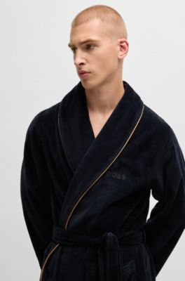 Cotton dressing gown with piping and embroidered branding, Black