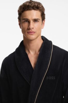 Cotton dressing gown with piping and embroidered branding, Black