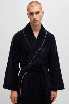 Cotton dressing gown with piping and embroidered branding, Black