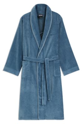 Cotton dressing gown with piping and embroidered branding, Blue