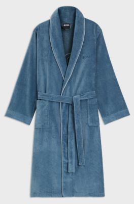 Cotton dressing gown with piping and embroidered branding, Blue
