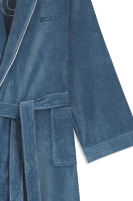 Cotton dressing gown with piping and embroidered branding, Blue