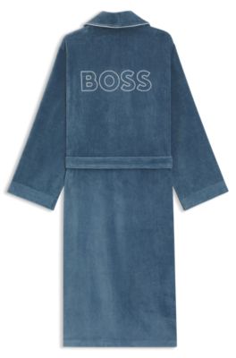Cotton dressing gown with piping and embroidered branding, Blue