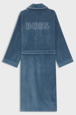 Cotton dressing gown with piping and embroidered branding, Blue