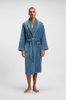 Cotton dressing gown with piping and embroidered branding, Blue