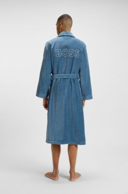 Cotton dressing gown with piping and embroidered branding, Blue