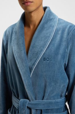 Cotton dressing gown with piping and embroidered branding, Blue