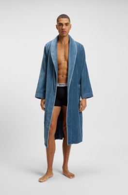 Cotton dressing gown with piping and embroidered branding, Blue