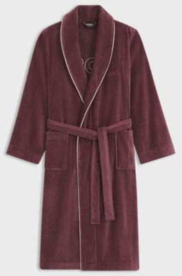 Cotton dressing gown with piping and embroidered branding, Dark Red