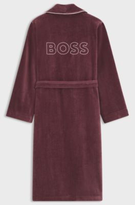 Cotton dressing gown with piping and embroidered branding, Dark Red
