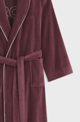 Cotton dressing gown with piping and embroidered branding, Dark Red