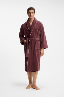Cotton dressing gown with piping and embroidered branding, Dark Red