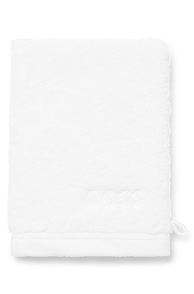 Guanto da bagno in cotone egeo con logo ricamato, Bianco