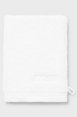 White cotton wash mitt with embroidered logo, White