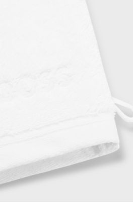 White cotton wash mitt with embroidered logo, White