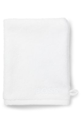 Cotton wash mitt with contrast embroidered logo, White