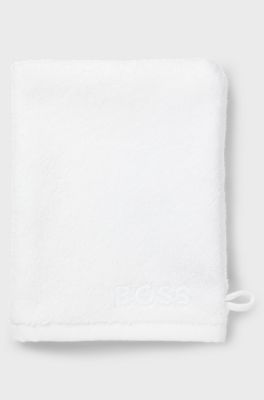 Cotton wash mitt with contrast embroidered logo, White