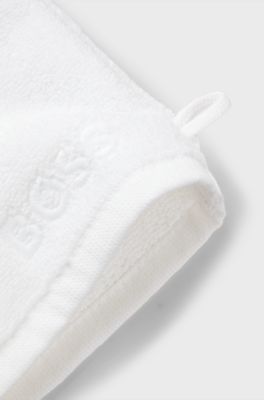 Cotton wash mitt with contrast embroidered logo, White