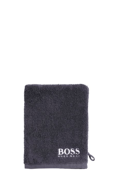 Finest Egyptian cotton washing mitt with contrast logo embroidery, Anthracite