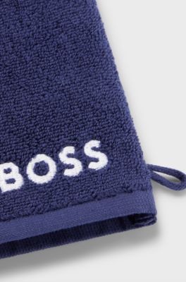 Gant de toilette en coton &eacute;gyptien avec logo contrastant, Bleu fonc&eacute;