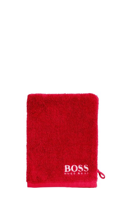 Finest Egyptian cotton washing mitt with contrast logo embroidery, Red