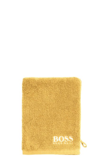 Finest Egyptian cotton washing mitt with contrast logo embroidery, Yellow