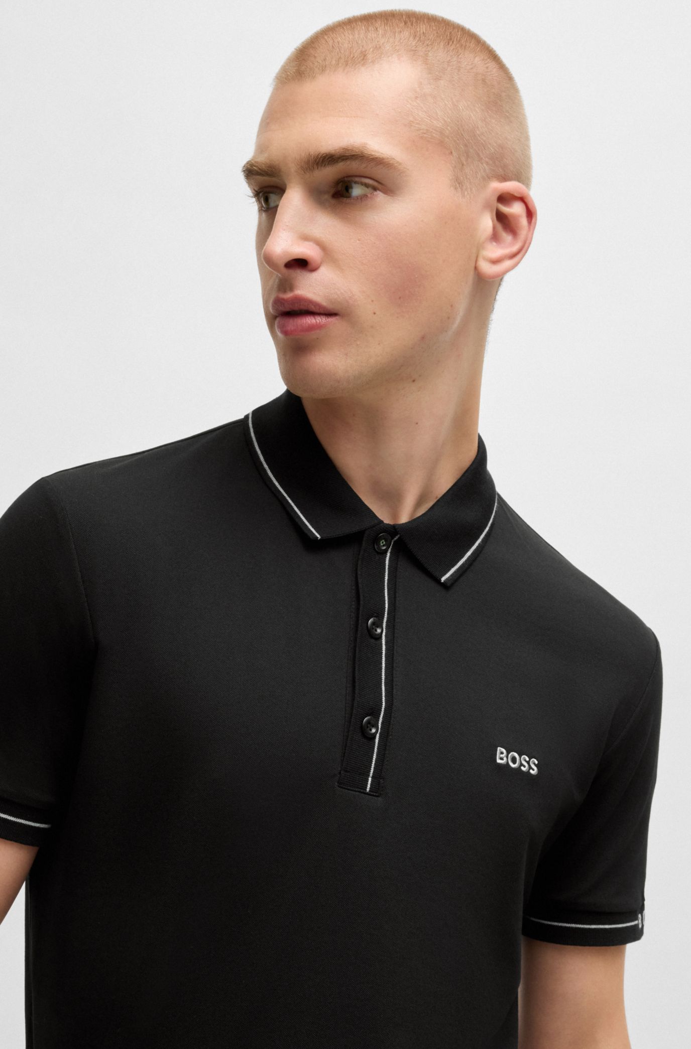 BOSS - Slim-fit polo shirt in stretch piqué with S.Café - Black